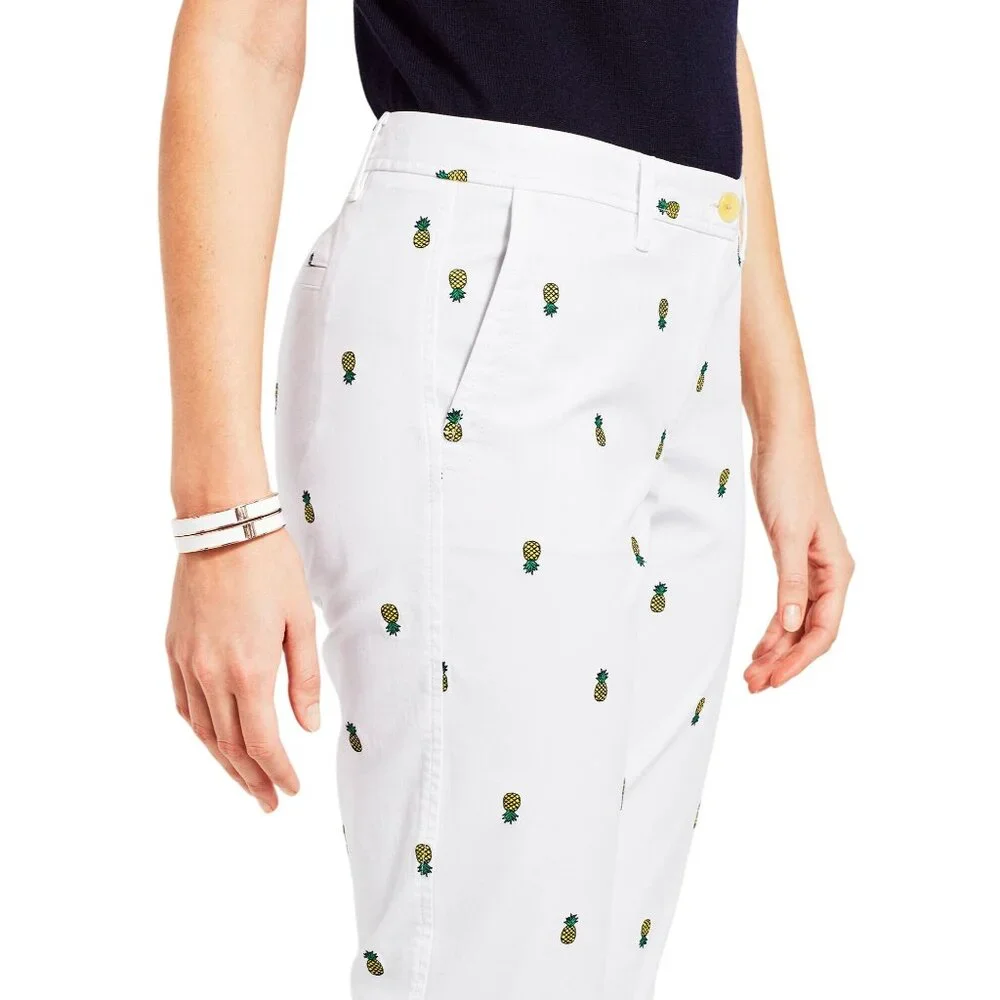 Talbots Girlfriend Chino Pants Womens 14P Embroidered Pineapples White Ankle - Picture 2 of 8